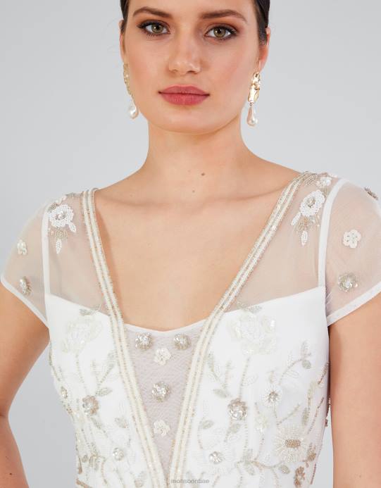 Monsoon نحيف فستان ميشيل ماكسي مطرز D68H620 ملابس عاج