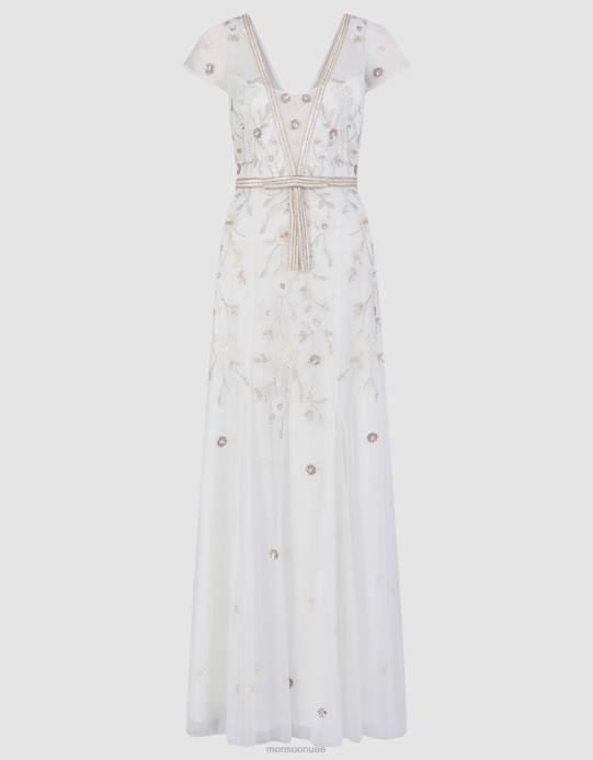 Monsoon نحيف فستان ميشيل ماكسي مطرز D68H620 ملابس عاج