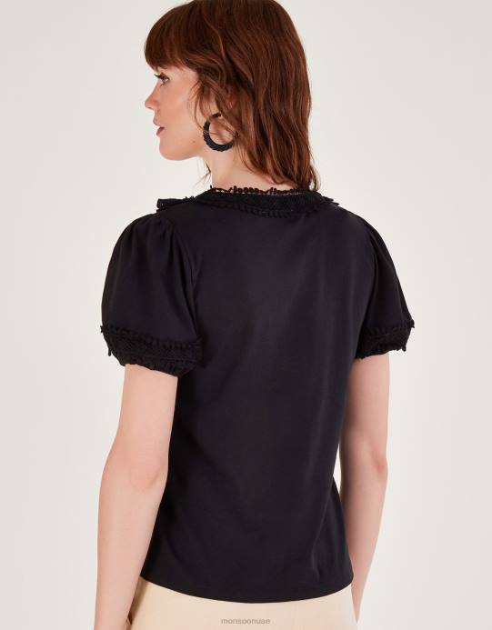 Monsoon نحيف بلوزة جيرسي دانتيل كروشيه D68H622 ملابس أسود