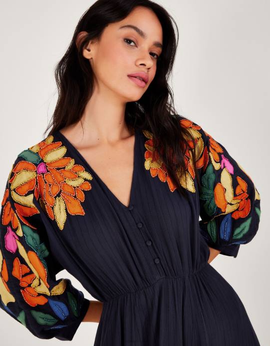 Monsoon نحيف فستان مزين بأوراق الشجر من لينزينج إيكوفيرو D68H623 ملابس الأزرق الداكن)