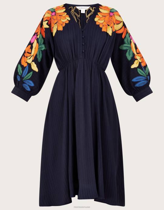 Monsoon نحيف فستان مزين بأوراق الشجر من لينزينج إيكوفيرو D68H623 ملابس الأزرق الداكن)