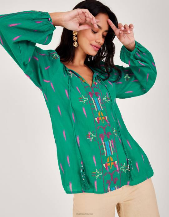 Monsoon نحيف بلوزة مطرزة بربطة عنق D68H624 ملابس أخضر