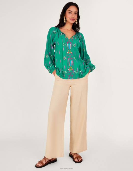 Monsoon نحيف بلوزة مطرزة بربطة عنق D68H624 ملابس أخضر