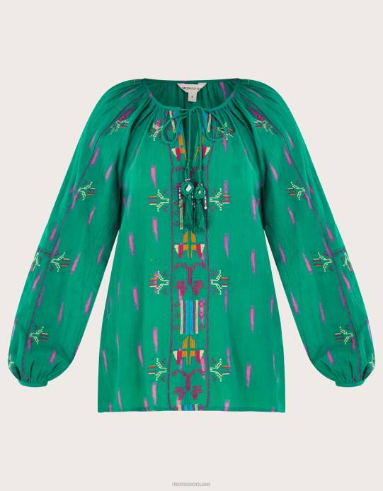 Monsoon نحيف بلوزة مطرزة بربطة عنق D68H624 ملابس أخضر