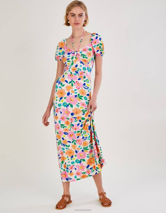 Monsoon نحيف فستان جيرسيه ميدي بأكمام منتفخة وزهور D68H626 ملابس عاج