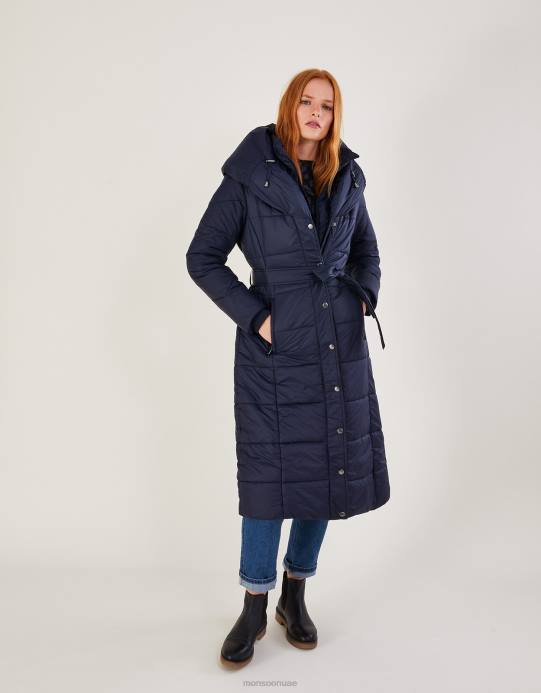 Monsoon نحيف معطف سورينا متوسط ​​الطول مبطن بحزام من البوليستر المعاد تدويره D68H628 ملابس الأزرق الداكن)