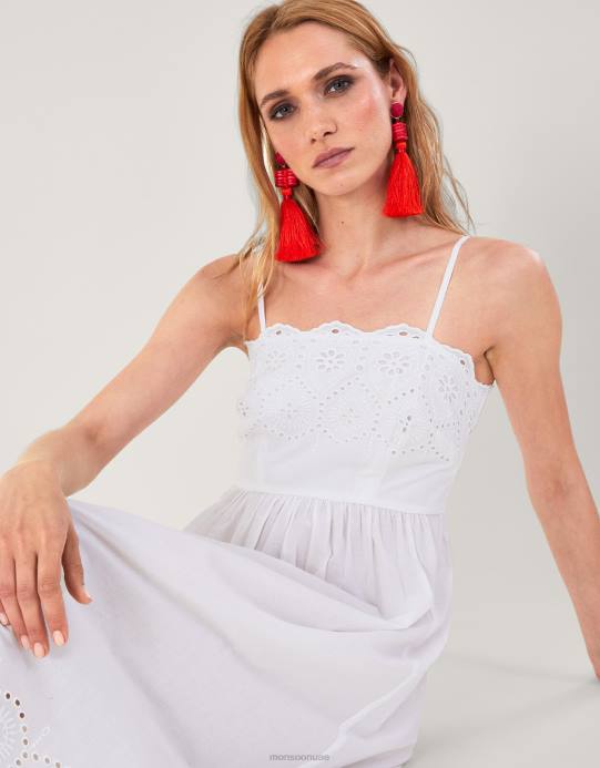 Monsoon نحيف فستان كامي برقبة مطرزة وحاشية D68H62 ملابس أبيض