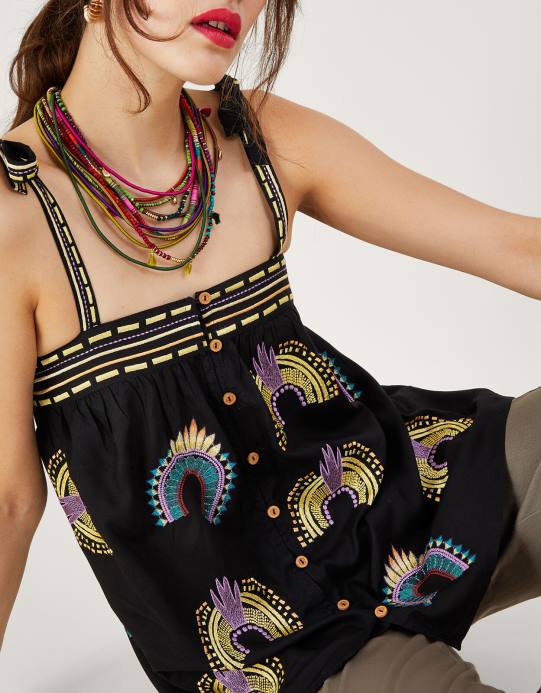 Monsoon نحيف قمة مطرزة بلا أكمام D68H634 ملابس أسود