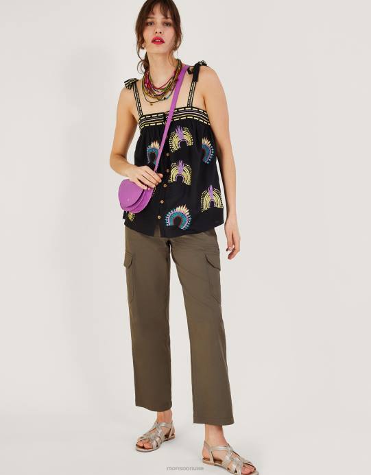 Monsoon نحيف قمة مطرزة بلا أكمام D68H634 ملابس أسود