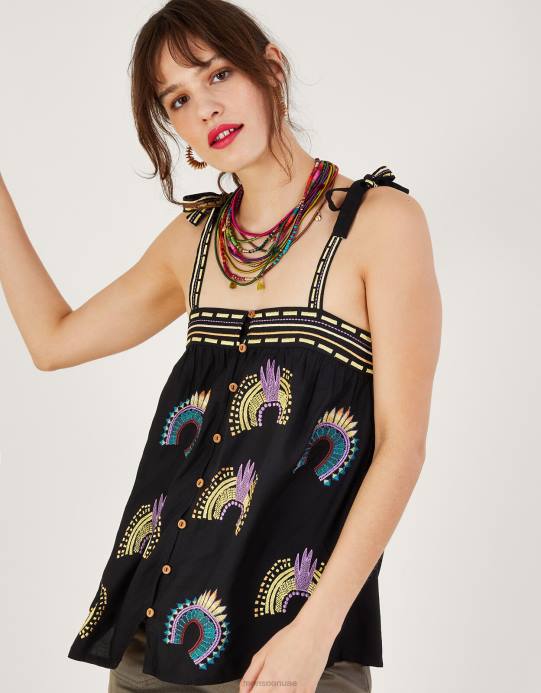 Monsoon نحيف قمة مطرزة بلا أكمام D68H634 ملابس أسود