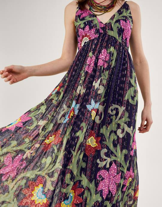 Monsoon نحيف فستان هيلين طويل مزين بالبوليستر المعاد تدويره D68H636 ملابس أسود