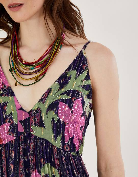 Monsoon نحيف فستان هيلين طويل مزين بالبوليستر المعاد تدويره D68H636 ملابس أسود