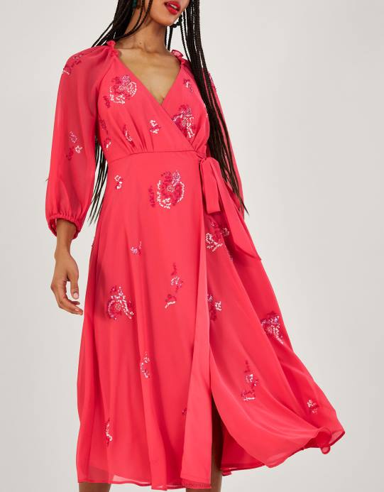 Monsoon نحيف فستان تامي متوسط ​​الطول ملفوف ومزخرف من البوليستر المعاد تدويره D68H637 ملابس برتقالي (مرجاني)