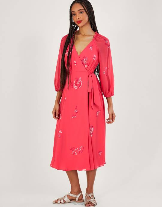 Monsoon نحيف فستان تامي متوسط ​​الطول ملفوف ومزخرف من البوليستر المعاد تدويره D68H637 ملابس برتقالي (مرجاني)