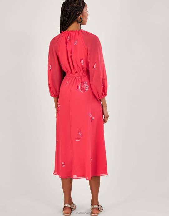 Monsoon نحيف فستان تامي متوسط ​​الطول ملفوف ومزخرف من البوليستر المعاد تدويره D68H637 ملابس برتقالي (مرجاني)