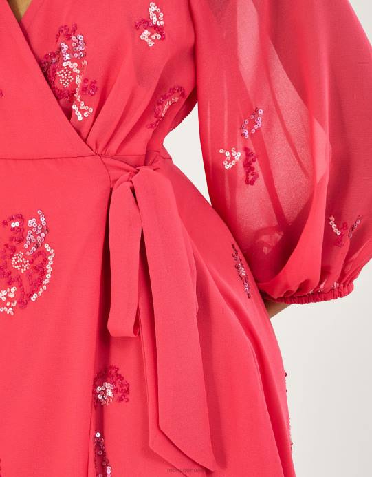 Monsoon نحيف فستان تامي متوسط ​​الطول ملفوف ومزخرف من البوليستر المعاد تدويره D68H637 ملابس برتقالي (مرجاني)