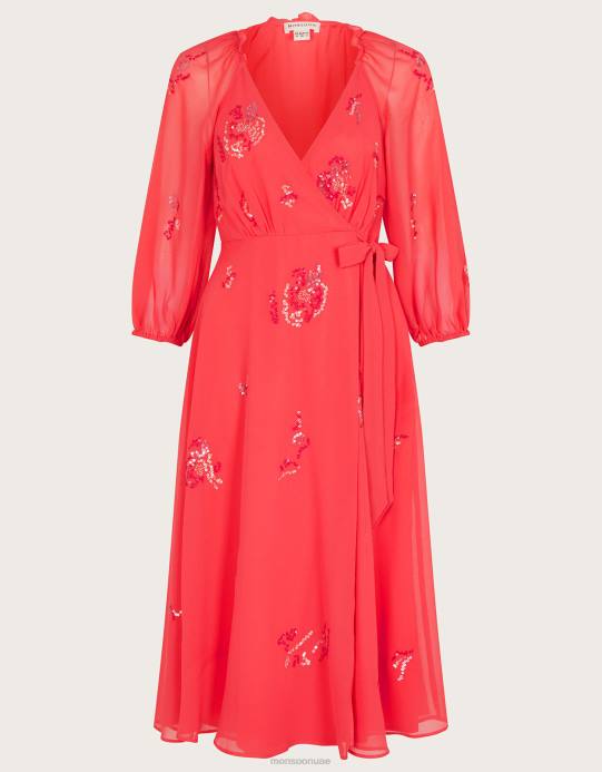 Monsoon نحيف فستان تامي متوسط ​​الطول ملفوف ومزخرف من البوليستر المعاد تدويره D68H637 ملابس برتقالي (مرجاني)