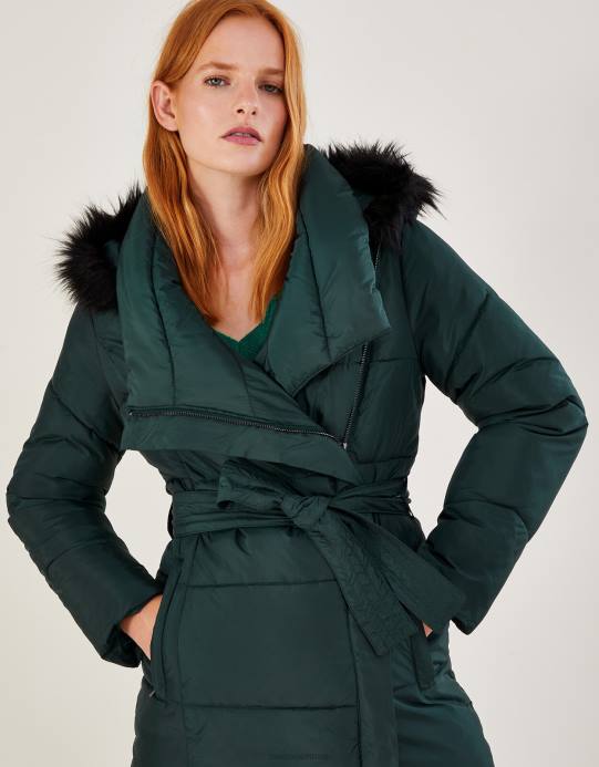 Monsoon نحيف معطف مبطن من الفرو من بولين مصنوع من البوليستر المعاد تدويره D68H638 ملابس أخضر