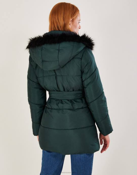 Monsoon نحيف معطف مبطن من الفرو من بولين مصنوع من البوليستر المعاد تدويره D68H638 ملابس أخضر