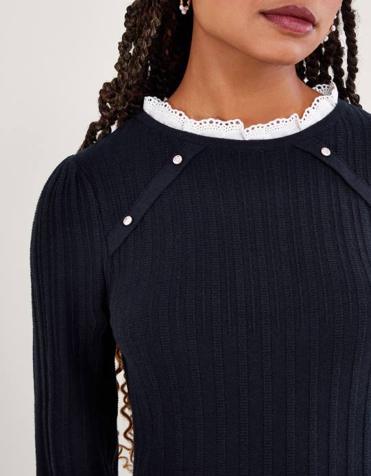 Monsoon نحيف فستان متأرجح مزين بالدانتيل D68H63 ملابس الأزرق الداكن)