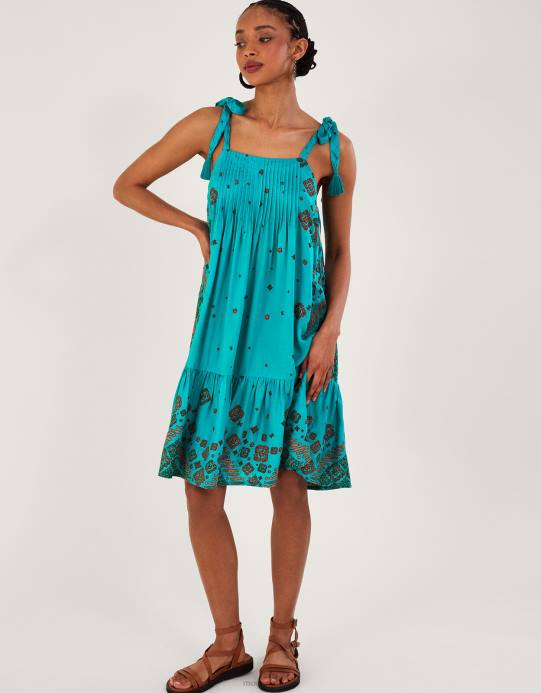 Monsoon نحيف فستان قلاب بطباعة البلاط D68H646 ملابس الأزرق (الفيروز)