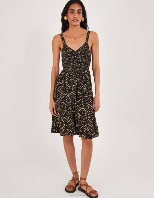 Monsoon نحيف فستان الشمس بطول الركبة بطباعة الباتيك في لينزينغ إيكوفيرو D68H650 ملابس أسود