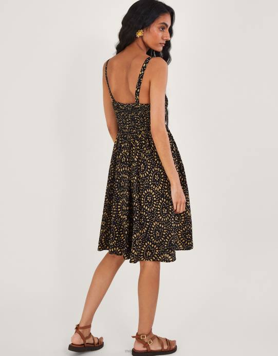 Monsoon نحيف فستان الشمس بطول الركبة بطباعة الباتيك في لينزينغ إيكوفيرو D68H650 ملابس أسود