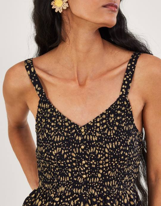 Monsoon نحيف فستان الشمس بطول الركبة بطباعة الباتيك في لينزينغ إيكوفيرو D68H650 ملابس أسود