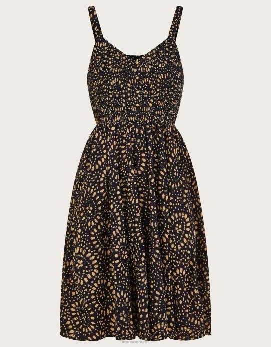 Monsoon نحيف فستان الشمس بطول الركبة بطباعة الباتيك في لينزينغ إيكوفيرو D68H650 ملابس أسود