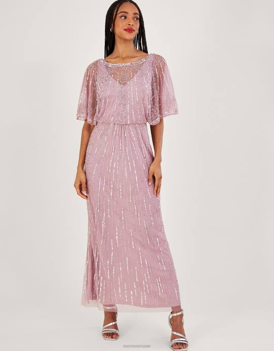 Monsoon نحيف فستان ماكسي قصير الطول من تصميم إليزابيث D68H654 ملابس لون القرنفل