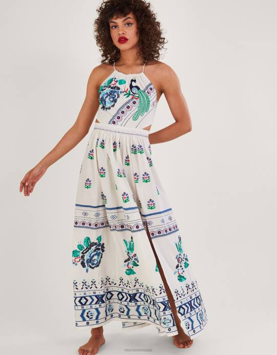 Monsoon نحيف فستان أنجلينا ماكسي مطرز D68H655 ملابس عاج