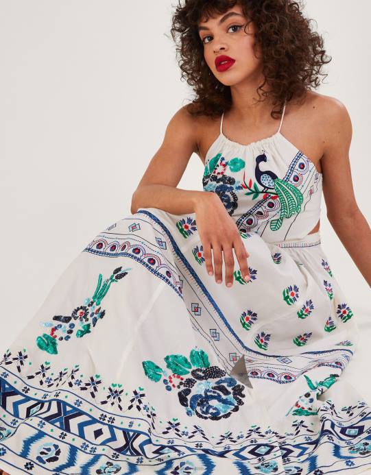 Monsoon نحيف فستان أنجلينا ماكسي مطرز D68H655 ملابس عاج