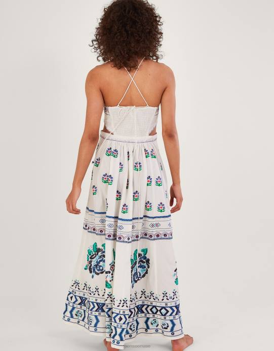 Monsoon نحيف فستان أنجلينا ماكسي مطرز D68H655 ملابس عاج