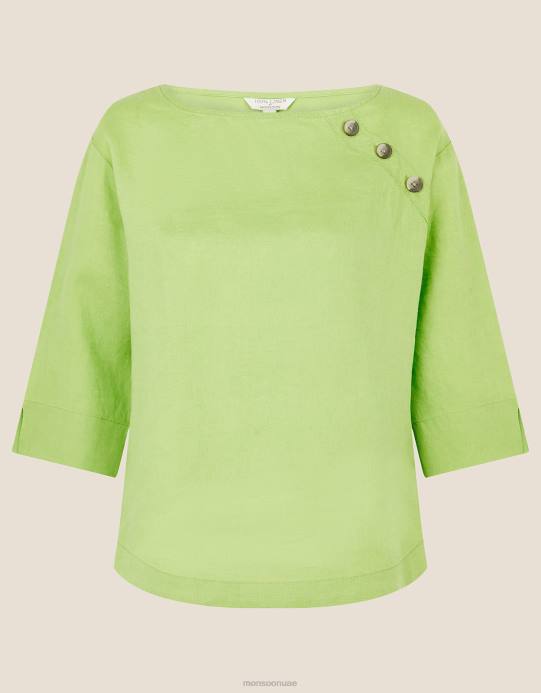 Monsoon نحيف تي شيرت طويل من خشب الورد مصنوع من الكتان الخالص D68H659 ملابس أخضر