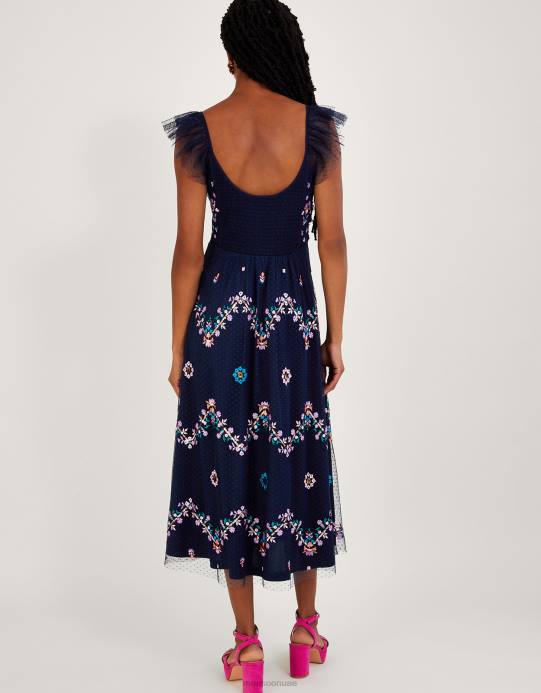 Monsoon نحيف فستان فيوريلا مطرز بحزام وكشكش D68H661 ملابس الأزرق الداكن)