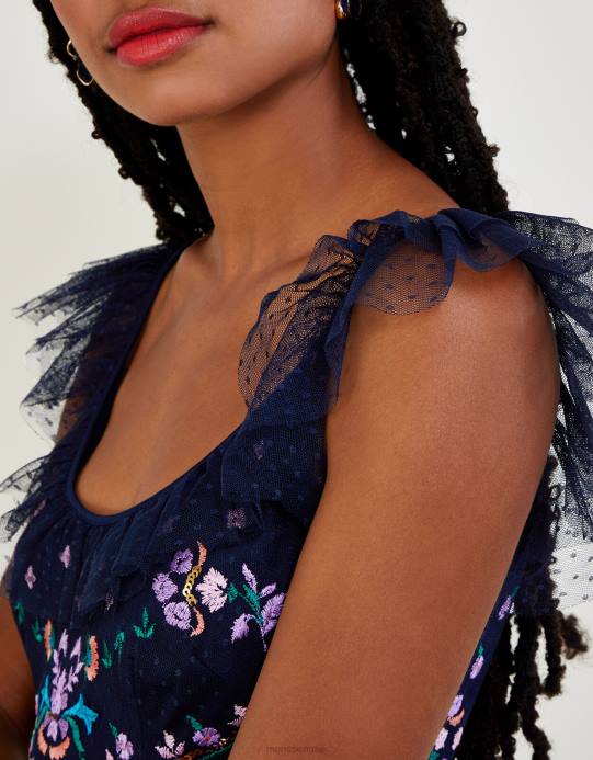 Monsoon نحيف فستان فيوريلا مطرز بحزام وكشكش D68H661 ملابس الأزرق الداكن)