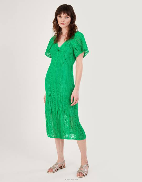 Monsoon نحيف فستان بأكمام ملائكية بغرز مدببة من القطن المستدام D68H662 ملابس أخضر