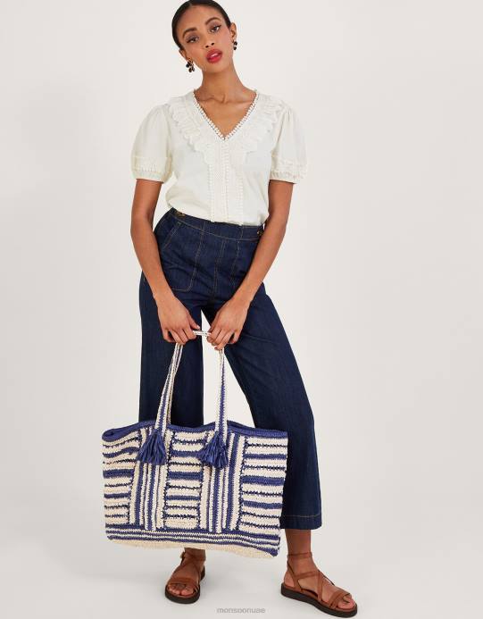 Monsoon نحيف بلوزة جيرسي دانتيل كروشيه D68H663 ملابس عاج