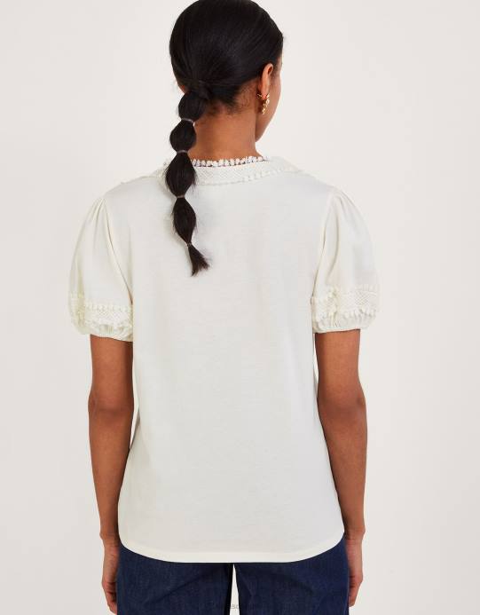 Monsoon نحيف بلوزة جيرسي دانتيل كروشيه D68H663 ملابس عاج