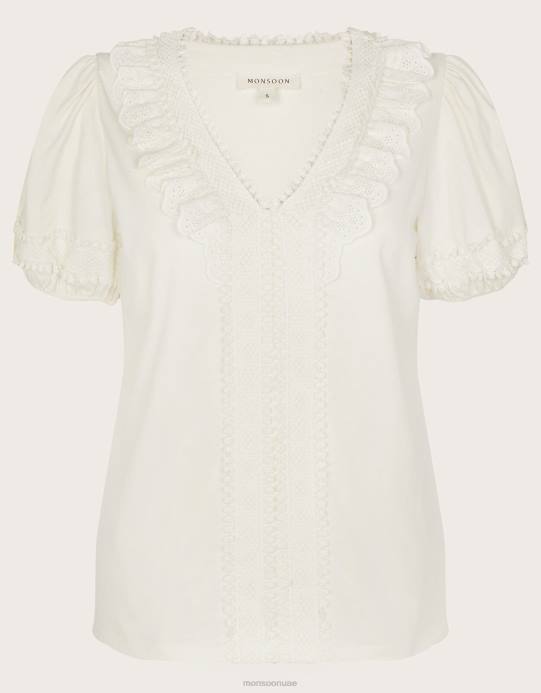 Monsoon نحيف بلوزة جيرسي دانتيل كروشيه D68H663 ملابس عاج
