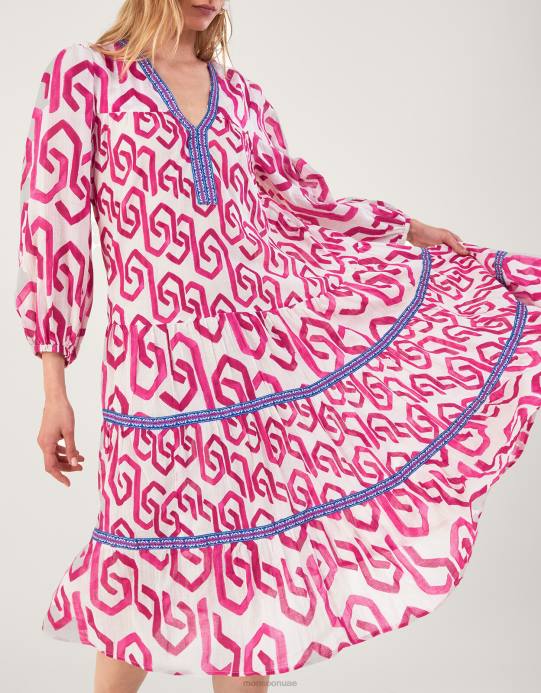 Monsoon نحيف فستان قفطان بطبعات هندسية، مصنوع من القطن المستدام D68H667 ملابس لون القرنفل