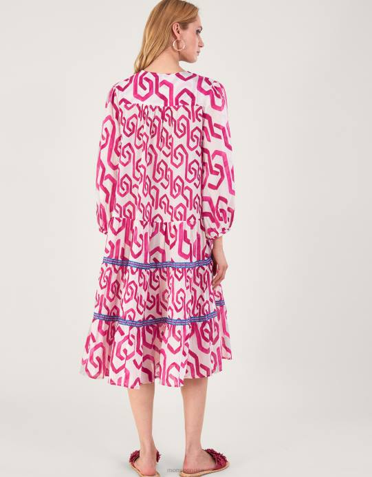 Monsoon نحيف فستان قفطان بطبعات هندسية، مصنوع من القطن المستدام D68H667 ملابس لون القرنفل