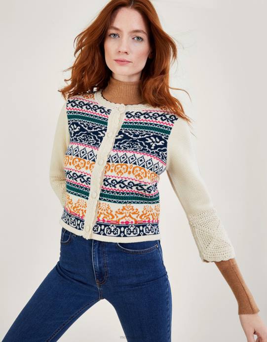 Monsoon نحيف سترة جاكار كروشيه مصنوعة يدويًا من القطن المستدام D68H669 ملابس عاج