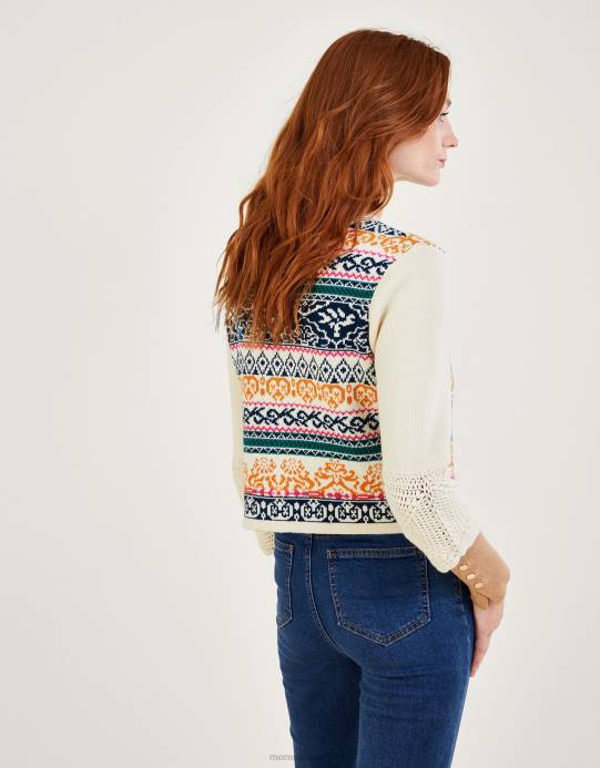 Monsoon نحيف سترة جاكار كروشيه مصنوعة يدويًا من القطن المستدام D68H669 ملابس عاج