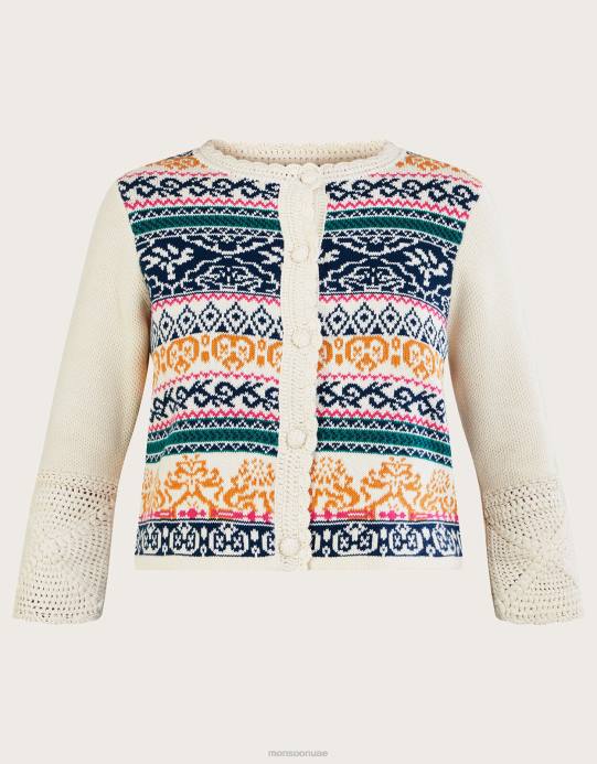 Monsoon نحيف سترة جاكار كروشيه مصنوعة يدويًا من القطن المستدام D68H669 ملابس عاج