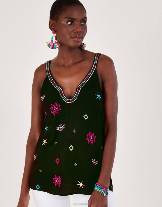 Monsoon نحيف بلوزة كامي مطرزة من لينزينج إيكوفيرو D68H670 ملابس أسود