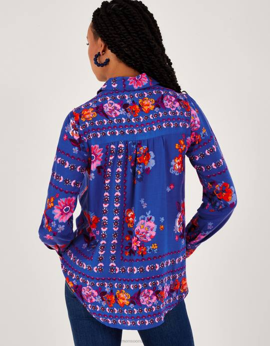 Monsoon نحيف زر ألينا بطباعة الأزهار من خلال القميص في لينزينج إيكوفيرو D68H673 ملابس أزرق