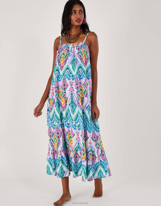 Monsoon نحيف فستان كامي بطبقات وطبعات إيكات في لينزينغ إيكوفيرو D68H680 ملابس البنفسجي