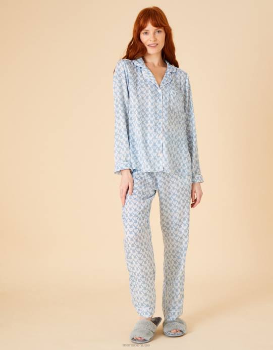 Monsoon نحيف طقم بيجامة زفاف من الساتان بطباعة هندسية D68H682 ملابس أزرق