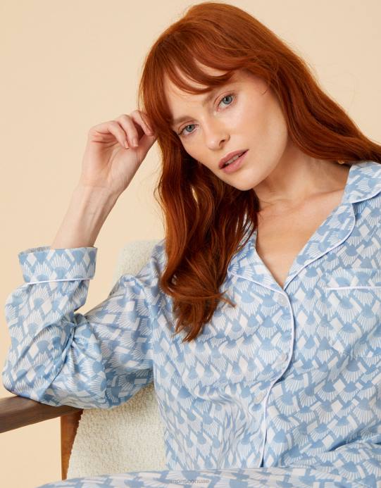 Monsoon نحيف طقم بيجامة زفاف من الساتان بطباعة هندسية D68H682 ملابس أزرق